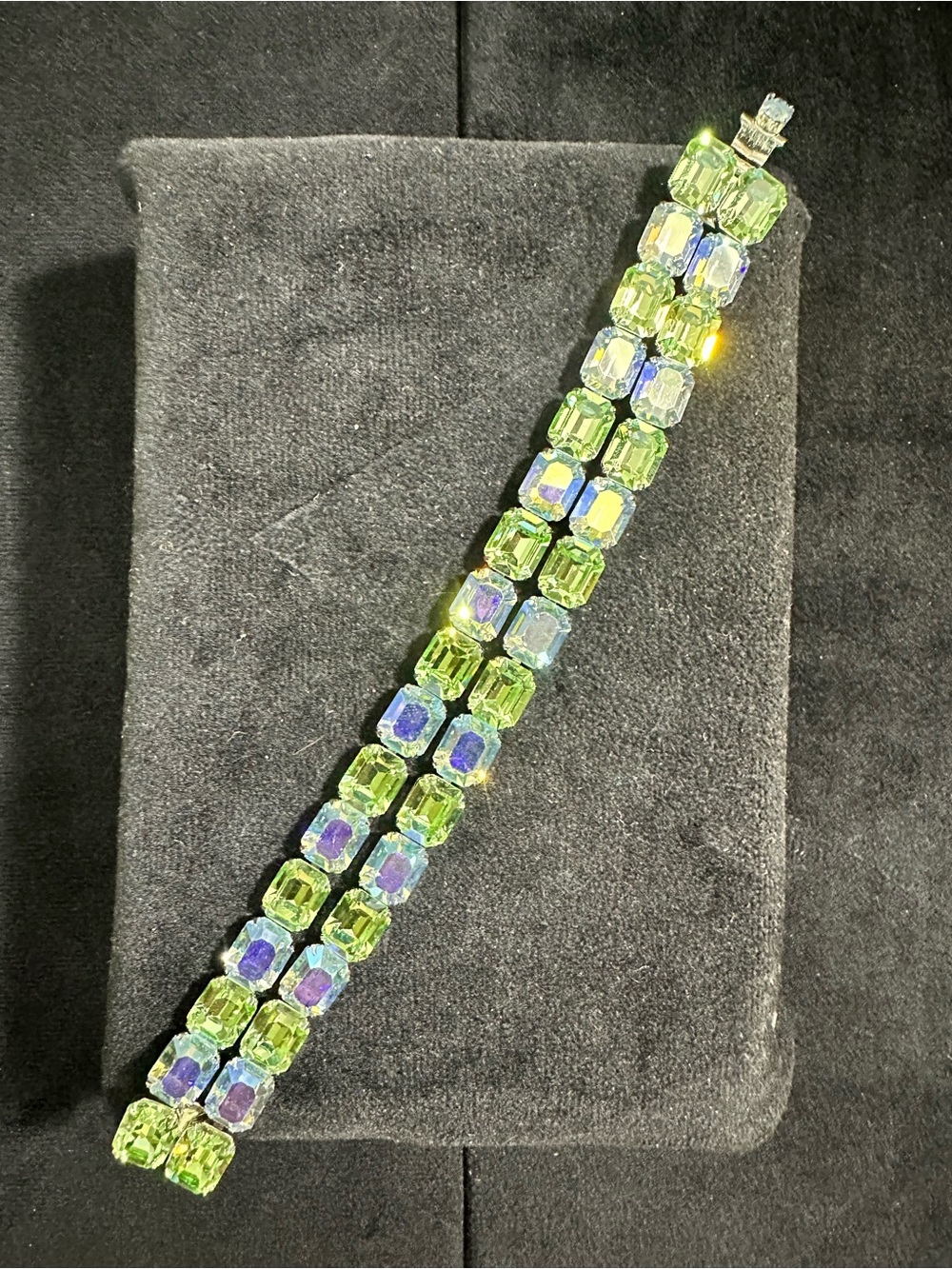 Vtg: signed KRAMAR Double Strand Iridescent Blue & Green Gemstone Bracelet